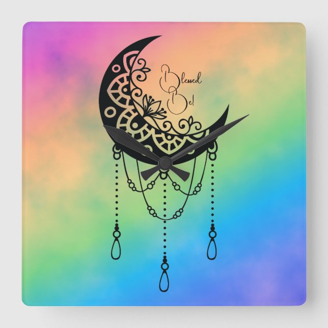 Erstellen Sie Ihre eigene Boho Leafmoon Silhouette Quadratische Wanduhr (Vorderseite)