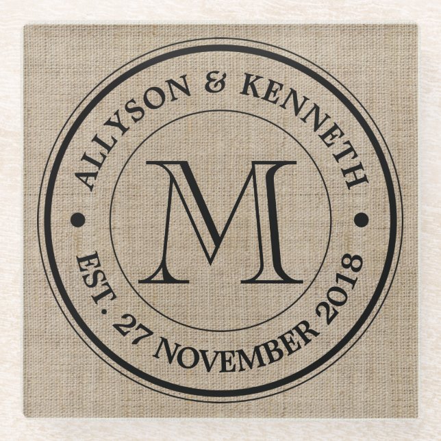 Erstellen Sie Ihre eigene Burlap Retro Logo Monogr Glasuntersetzer (Vorderseite)