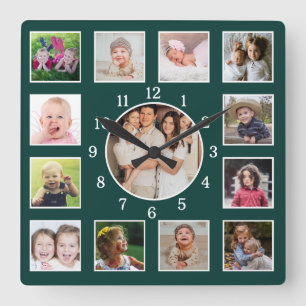 Erstellen Sie Ihre eigene dunkle Waldgrün 13-Foto- Quadratische Wanduhr