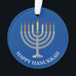 Erstellen Sie Ihre eigene Hanukka Menorah Ornament<br><div class="desc">Erstellen Sie Ihre eigene Hanukka Menorah Akrylorazierung. Menorah mit neun Kerzen und der Star von David auf einem blauen Festival der Lichter Hintergrund auf der Front und Rückseite des Ornaments. Herzlichen Glückwunsch für den Urlaub und Name der Familie auf der Rückseite. Legen Sie Ihren eigenen Text, wie gewünscht. Wählen Sie...</div>