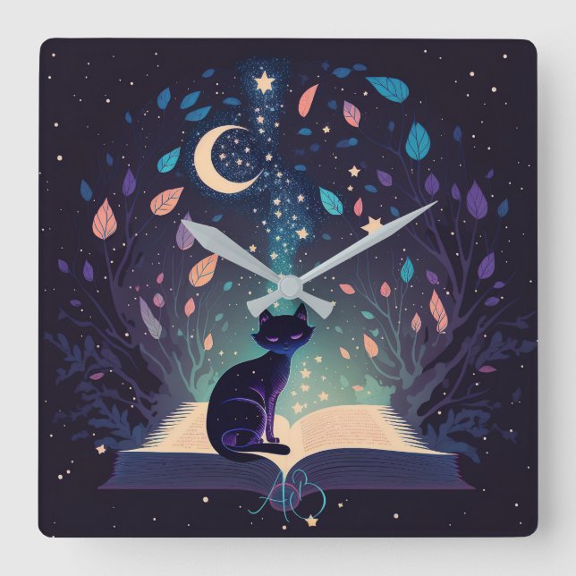 Erstellen Sie Ihre eigene mystische schwarze Katze Quadratische Wanduhr (Vorderseite)