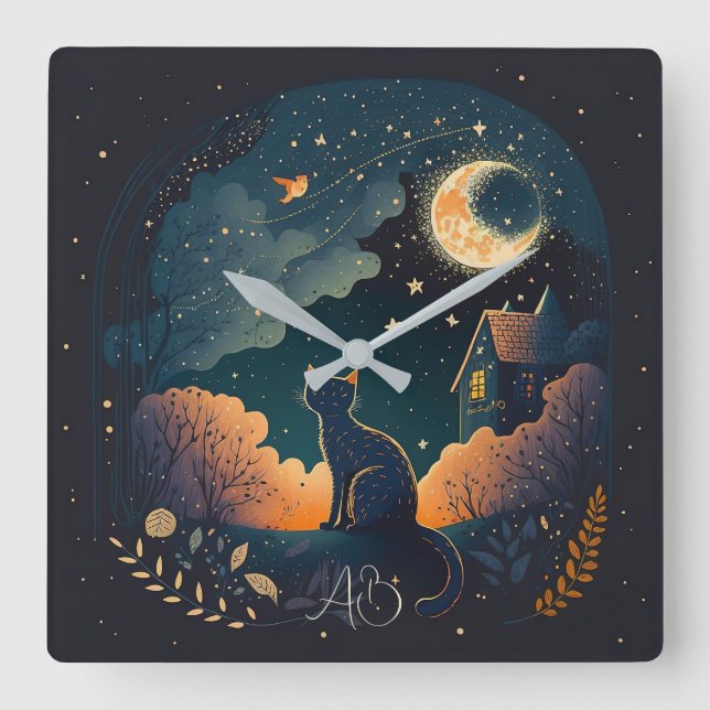 Erstellen Sie Ihre eigene mystische schwarze Katze Quadratische Wanduhr (Vorderseite)