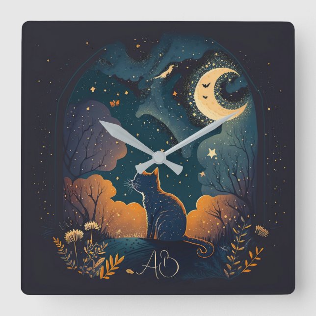 Erstellen Sie Ihre eigene mystische schwarze Katze Quadratische Wanduhr (Vorderseite)