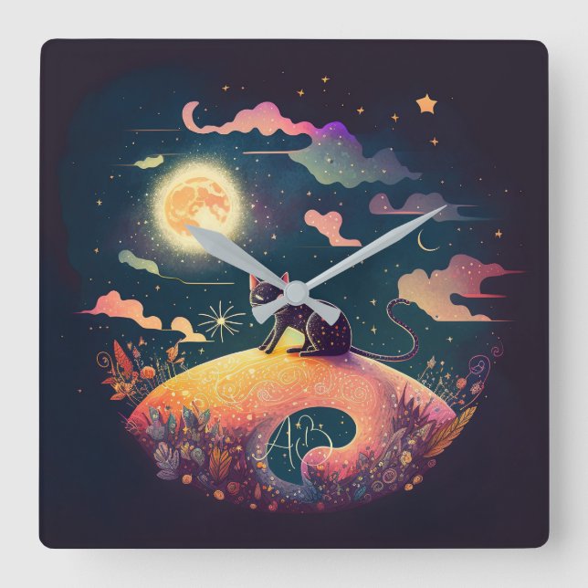 Erstellen Sie Ihre eigene mystische Schwarzkatzenl Quadratische Wanduhr (Vorderseite)