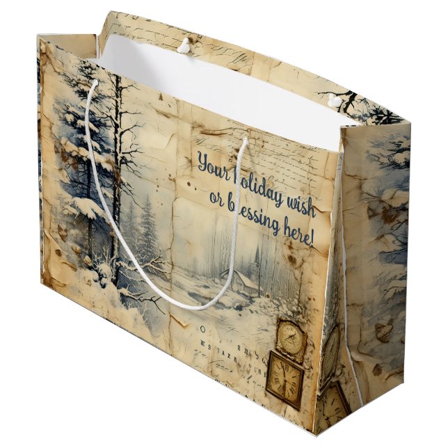 Erstellen Sie Ihre eigene Vintage Winterzeitkarte Große Geschenktüte (Rückseite Schrägansicht)