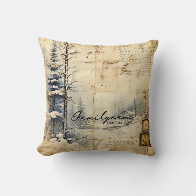 Erstellen Sie Ihre eigene Vintage Winterzeitkarte Kissen (Vorderseite)
