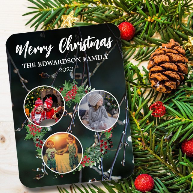 Erstellen Sie Ihre eigene Weihnachts-Familienkolle Magnet (Merry Christmas, photo collage, winter foliage personalized Holiday card.)