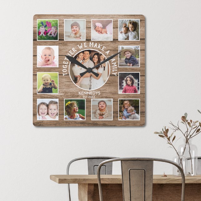 Erstellen Sie Ihre eigenen 13 Fotomaterial Rustika Quadratische Wanduhr (Picture frame family quote 13 photo collage wood wall clock)