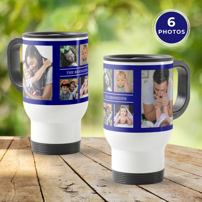 Erstellen Sie Ihre eigenen 6 Foto Collage Familie  Reisebecher (Create Your Own 6 Photo Collage Family Navy Blue Travel Mug)