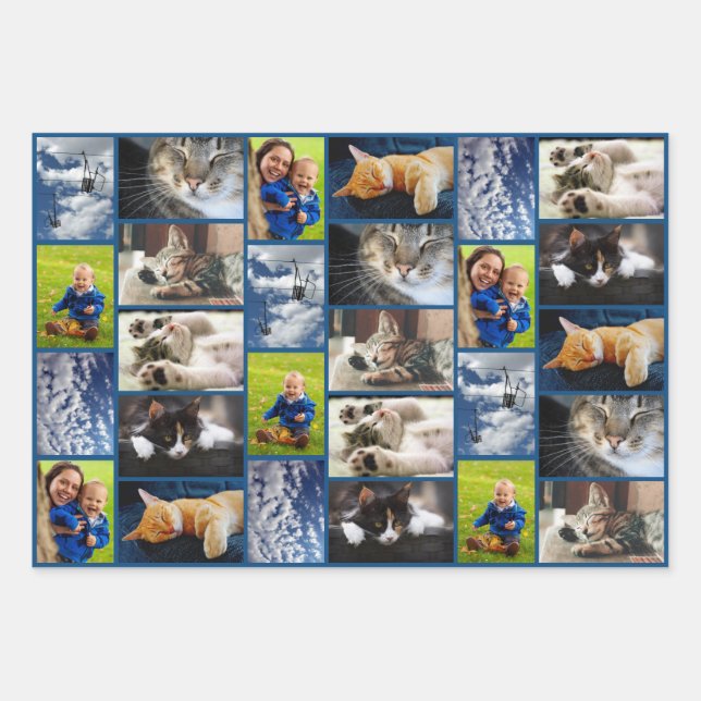 Erstellen Sie Ihre eigenen 9 Foto Collage Blue Bor Geschenkpapier Set (Vorderseite)