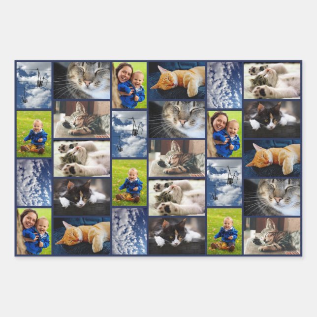 Erstellen Sie Ihre eigenen 9 Foto Collage Navy Blu Geschenkpapier Set (Vorderseite)