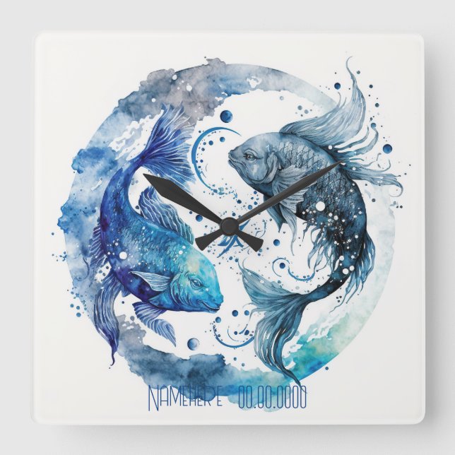 Erstellen Sie Ihre eigenen blauen und Aquamarinen  Quadratische Wanduhr (Vorderseite)