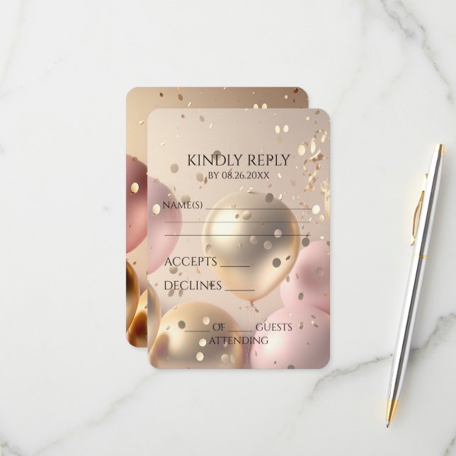 Erstellen Sie Ihre eigenen Gold und Rosa Ballons RSVP Karte (Vorderseite/Rückseite Beispiel)