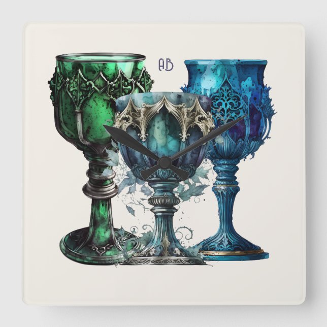 Erstellen Sie Ihre eigenen gotischen blauen und gr Quadratische Wanduhr (Vorderseite)