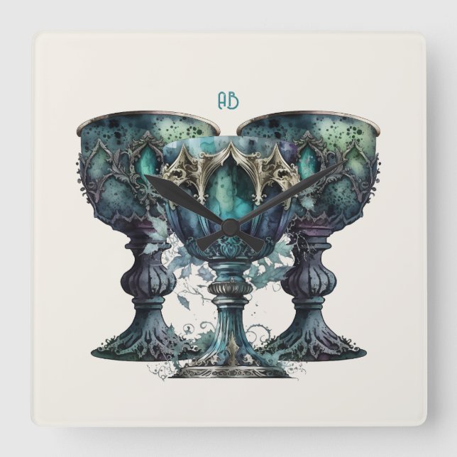 Erstellen Sie Ihre eigenen grünen gotischen Chalic Quadratische Wanduhr (Vorderseite)