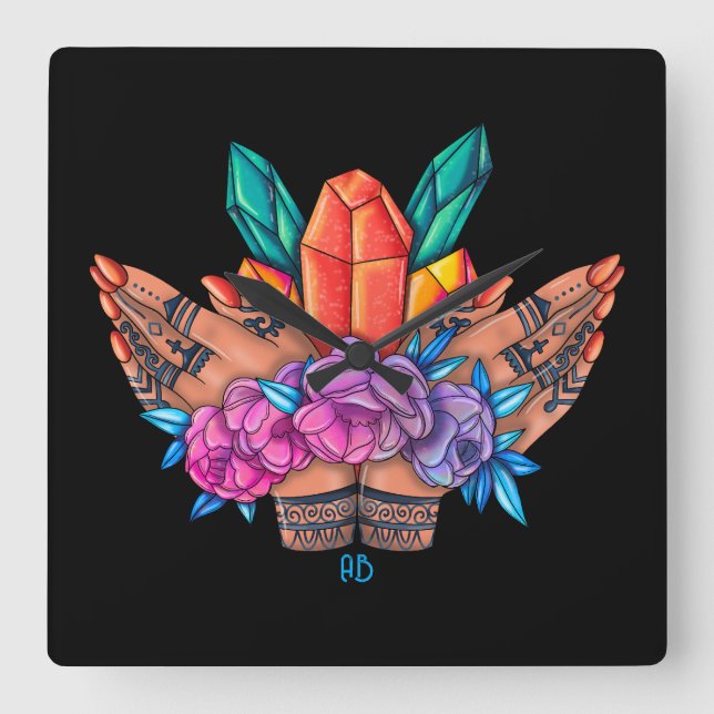 Erstellen Sie Ihre eigenen Henna Hands Kristalle & Quadratische Wanduhr (Vorderseite)