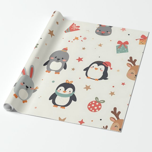 Erstellen Sie Ihre eigenen Kawaii Weihnachtstiere Geschenkpapier (Ungerollt)