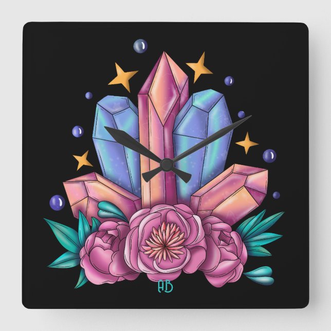 Erstellen Sie Ihre eigenen Kristalle und Rose Quadratische Wanduhr (Vorderseite)