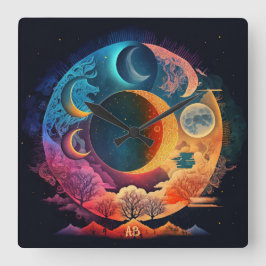 Erstellen Sie Ihre eigenen Regenbogenmonde & -berg Quadratische Wanduhr