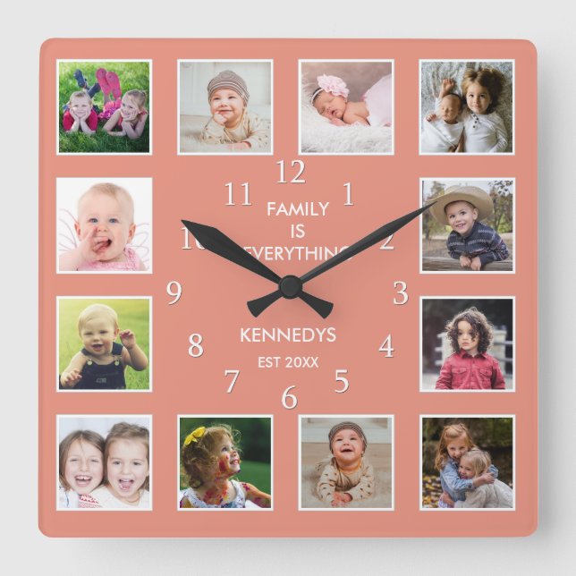 Erstellen Sie Ihren eigenen 12 Collage Frame Peach Quadratische Wanduhr (Vorderseite)