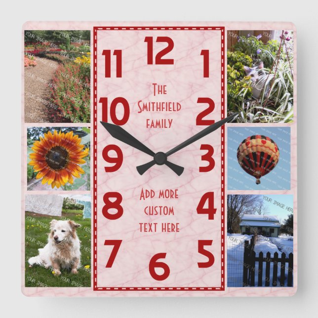 Erstellen Sie Ihren eigenen Deko 6 Foto Collage Ro Quadratische Wanduhr (Vorderseite)