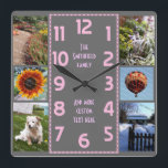 Erstellen Sie Ihren eigenen Deko 6 FotoCollage Pin Quadratische Wanduhr<br><div class="desc">Machen Sie mit dieser einfachen Vorlage Ihre eigene personalisierte Foto Collage Uhr. Diese quadratische Uhr hat rosa Zahlen, die in der Mitte in einem länglichen Rechteck im Deko-Stil angeordnet sind, und einen grauen Hintergrund, den man an jedes Bild oder jede Farbe anpassen kann. Entlang der Ecken gibt es Platz für...</div>
