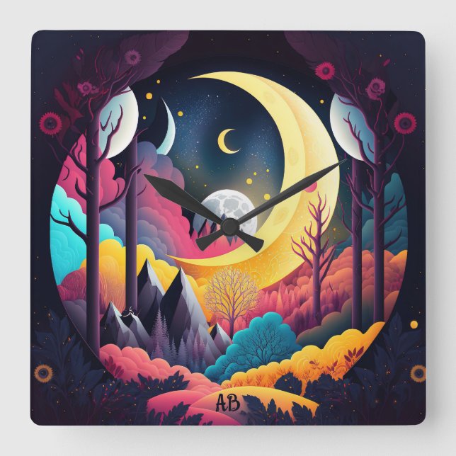 Erstellen Sie Ihren eigenen hellen Halbmondwald Quadratische Wanduhr (Vorderseite)