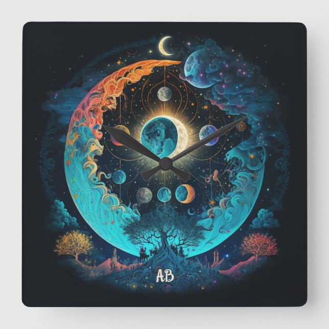 Erstellen Sie Ihren eigenen mystischen blauen Mond Quadratische Wanduhr (Vorderseite)