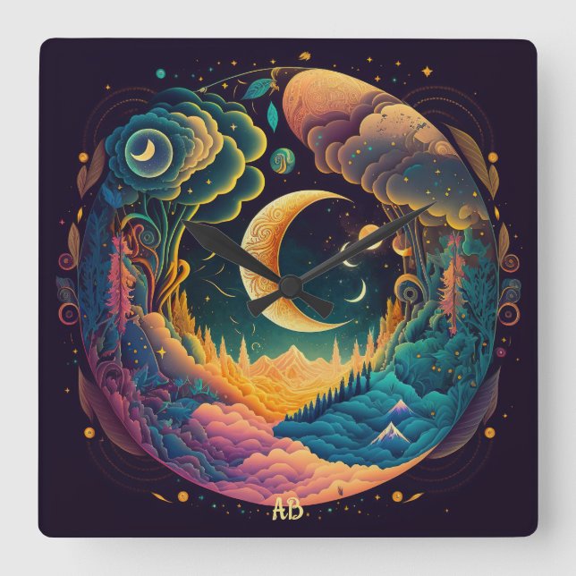 Erstellen Sie Ihren eigenen mystischen Mondwald. Quadratische Wanduhr (Vorderseite)