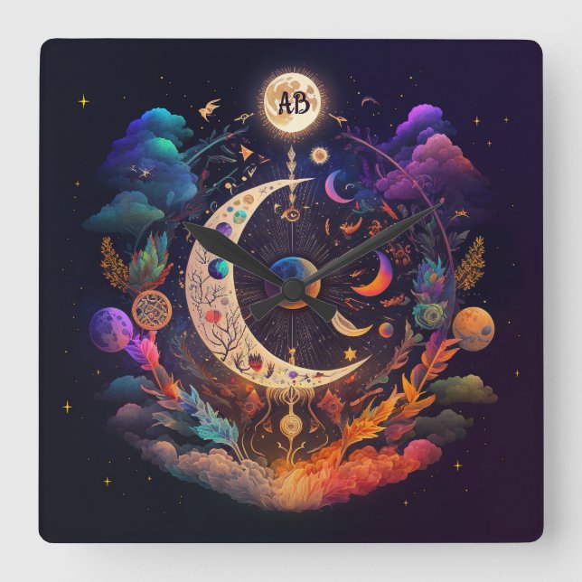 Erstellen Sie Ihren eigenen Regenbogen Crescent Mo Quadratische Wanduhr (Vorderseite)