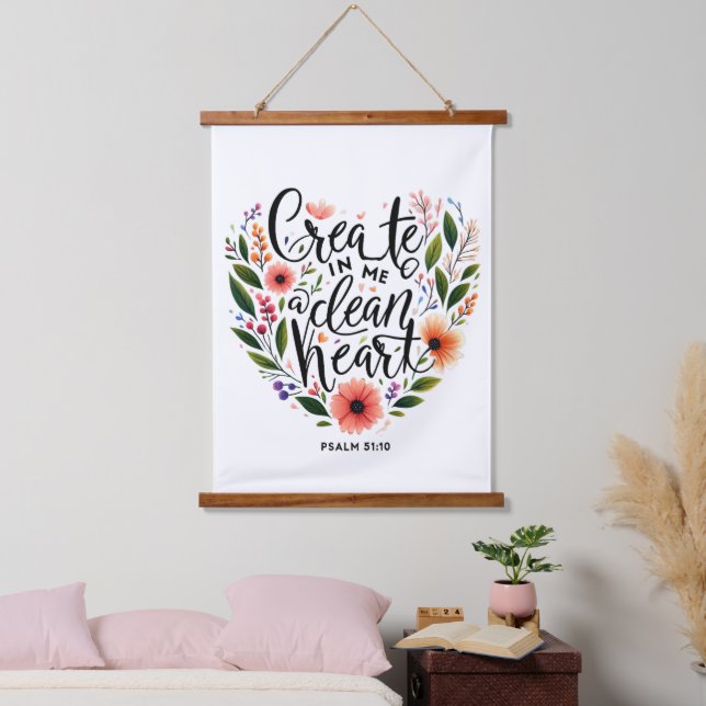 Erstellen Sie in mir ein sauberes Herz blühend Wandteppich Mit Holzrahmen (Schlafzimmer)