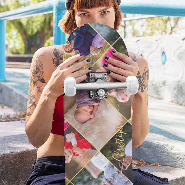 Erstellen Sie Personalisiert 5-Collage Gold Monogr Skateboard (Create Personalized 5 Photo Collage Gold Monogram Skateboard)