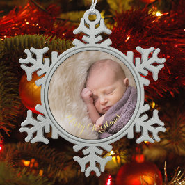 Erstellen Sie Personalisiertes Foto Gold Text Baby Schneeflocken Zinn-Ornament