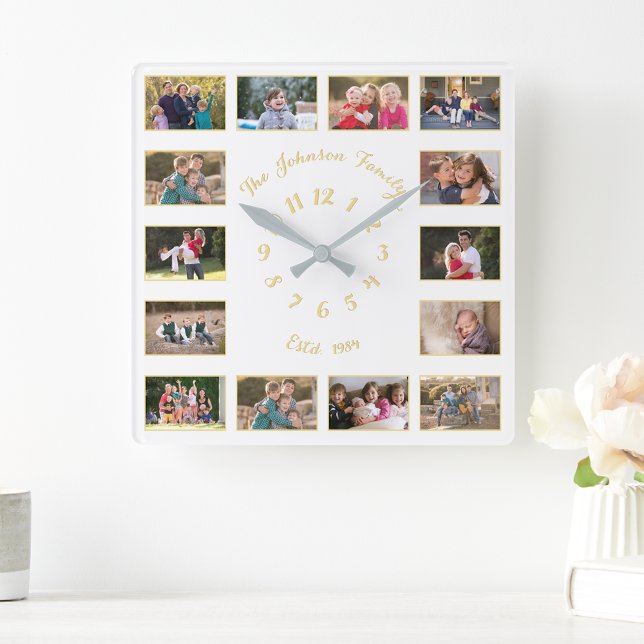 Erstellen von benutzerdefinierten Imitate Gold Fam Quadratische Wanduhr (Create Custom White Faux Gold Family Photo Collage Square Wall Clock)