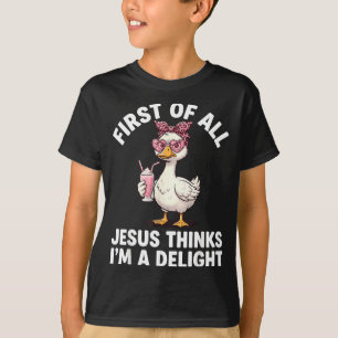 Erstens denkt Jesus, ein Vergnügen lustiges Gänse- T-Shirt