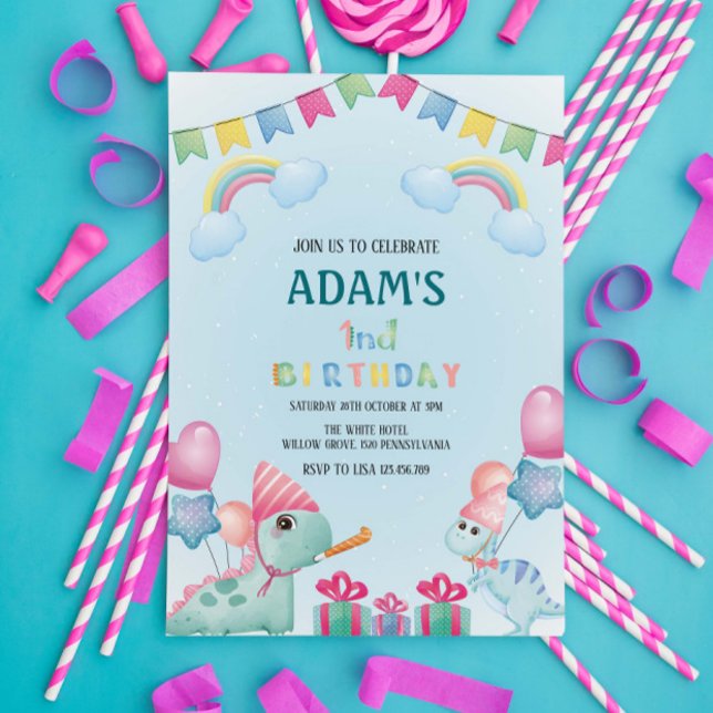 Erster 1. Geburtstag Rainbow & Green Dinosaurier Einladung (Von Creator hochgeladen)