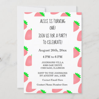 Erster 1. Geburtstag Strawberry Pink Baby Girl 202 Einladung
