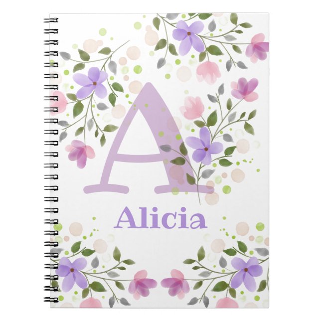 Erster Anfangsbuchstabe plus Name Alicia mit Blume Notizblock (Vorderseite)