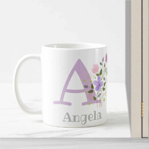 Erster Anfangsbuchstabe plus Name Angela mit Blume Kaffeetasse