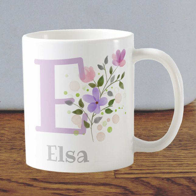 Erster Anfangsbuchstabe Plus Name Elsa mit Blumen Kaffeetasse (Von Creator hochgeladen)