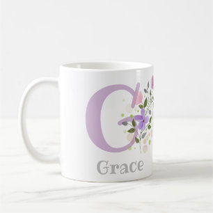 Erster Anfangsbuchstabe plus Name Grace mit Blumen Kaffeetasse