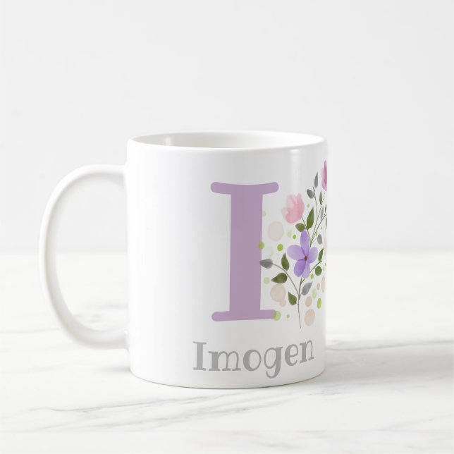 Erster Anfangsbuchstabe plus Name Imogen mit Blume Kaffeetasse (Links)
