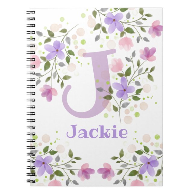 Erster Anfangsbuchstabe plus Name Jackie mit Blume Notizblock (Vorderseite)