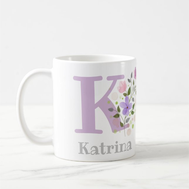 Erster Anfangsbuchstabe plus Name Katrina mit Blum Kaffeetasse (Links)