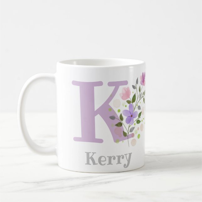 Erster Anfangsbuchstabe plus Name Kerry mit Blumen Kaffeetasse (Links)