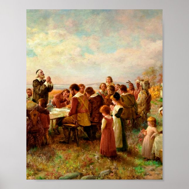 Erster Erntedank bei Plymouth Jennie Brownscombe Poster (Vorne)