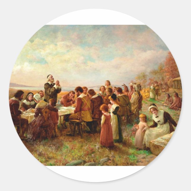 Erster Erntedank bei Plymouth Jennie Brownscombe Runder Aufkleber (Vorderseite)