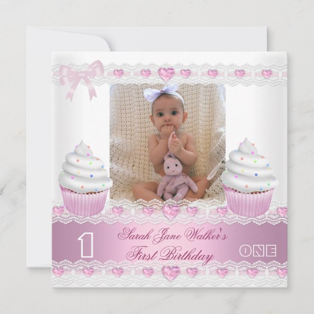 Erster Geburtstag 1. Girl White Pink Cupcake Baby  Einladung (Vorderseite)