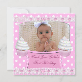 Erster Geburtstag 1. Girl White Pink Cupcakes Baby Einladung
