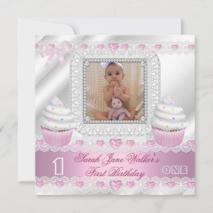 Erster Geburtstag 1. Girl White Pink Hearts Baby Einladung